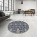 Round Machine Washable Transitional Blue Gray Rug in a Office, wshpat819