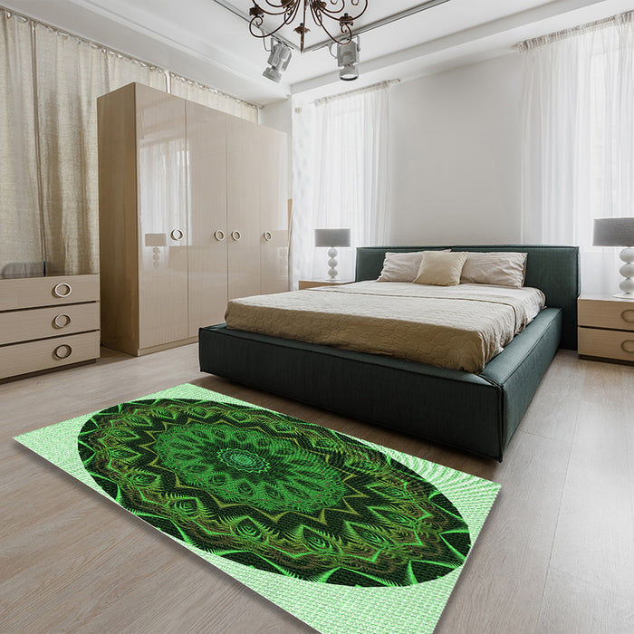 Patterned Dark Forest Green Rug in a Bedroom, pat821grn