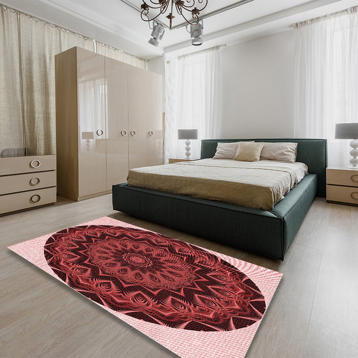 Round Machine Washable Transitional Dark Red Rug in a Office, wshpat821rd