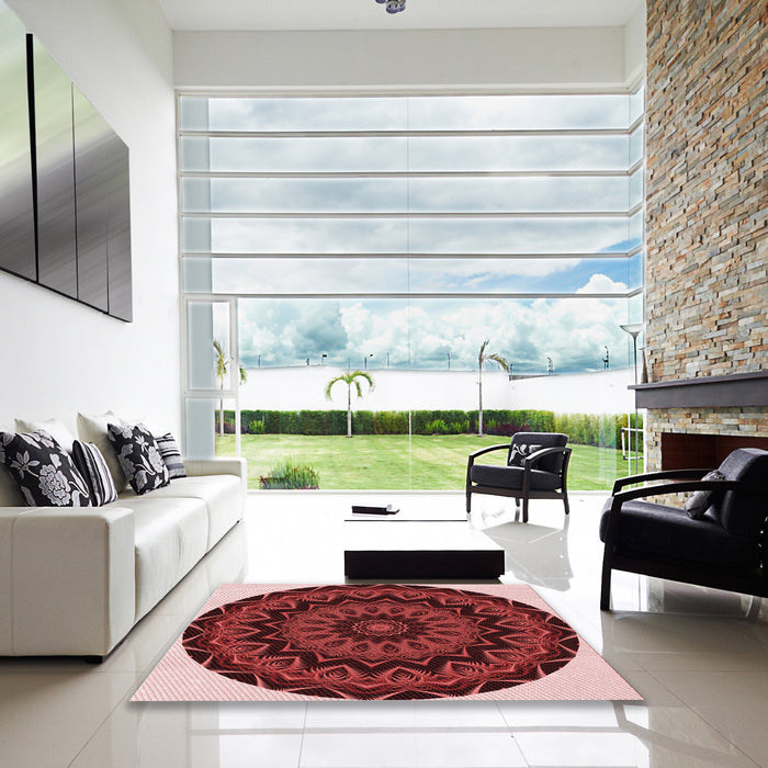 Square Patterned Dark Red Rug in a Living Room, pat821rd
