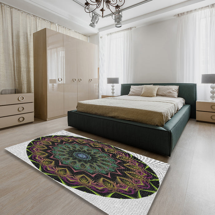 Patterned Sage Green Novelty Rug in a Bedroom, pat821