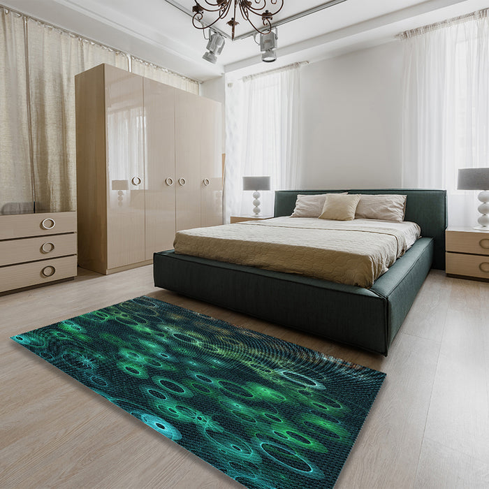 Patterned Teal Green Rug in a Bedroom, pat824lblu