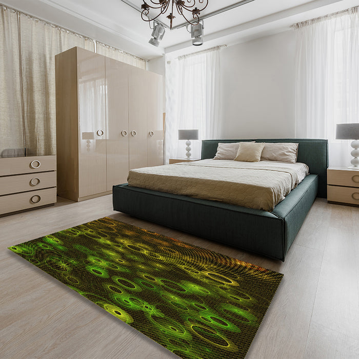 Patterned Olive Green Rug in a Bedroom, pat824yw