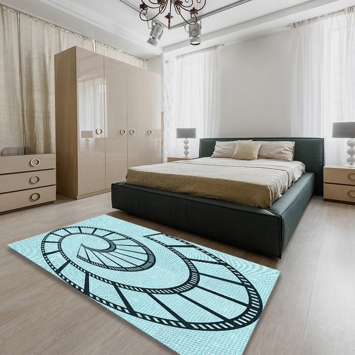 Patterned Deep-Sea Green Rug in a Bedroom, pat83lblu