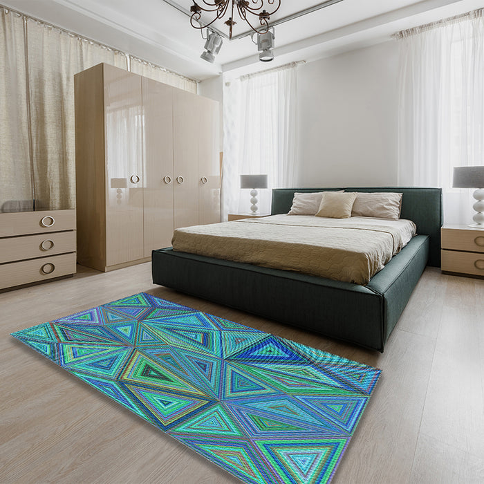 Patterned Dark Turquoise Green Rug in a Bedroom, pat832lblu