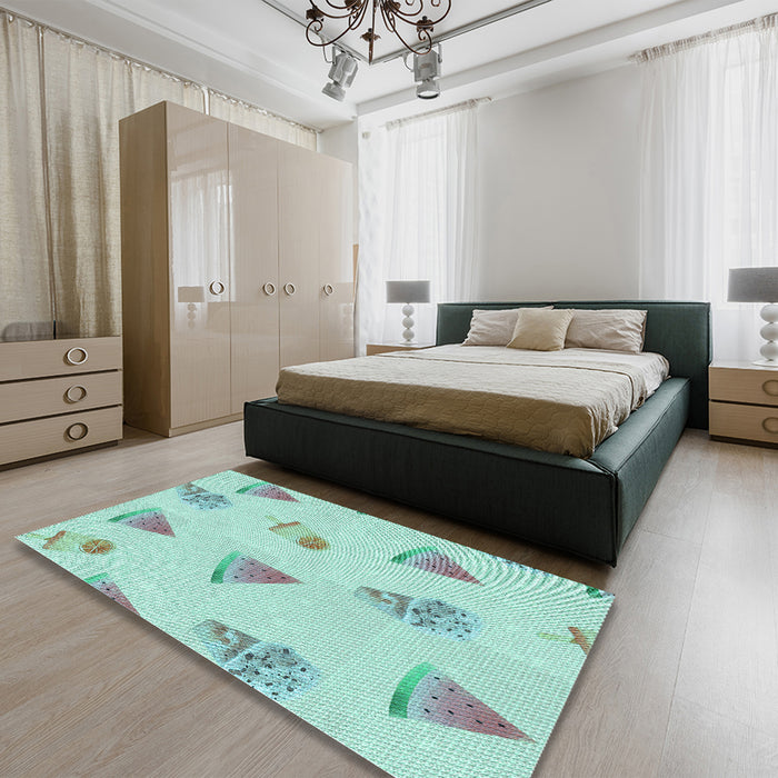 Patterned Light Aquamarine Green Rug in a Bedroom, pat835lblu