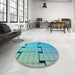 Round Patterned Bright Turquoise Blue Rug in a Office, pat837lblu