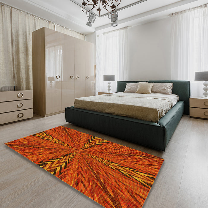 Patterned Orange Red Orange Rug in a Bedroom, pat840yw