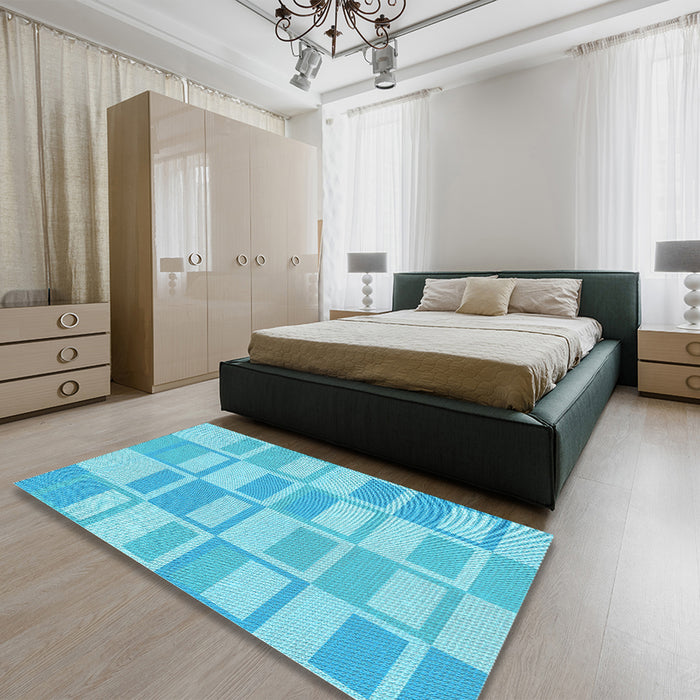 Patterned Bright Turquoise Blue Rug in a Bedroom, pat846lblu
