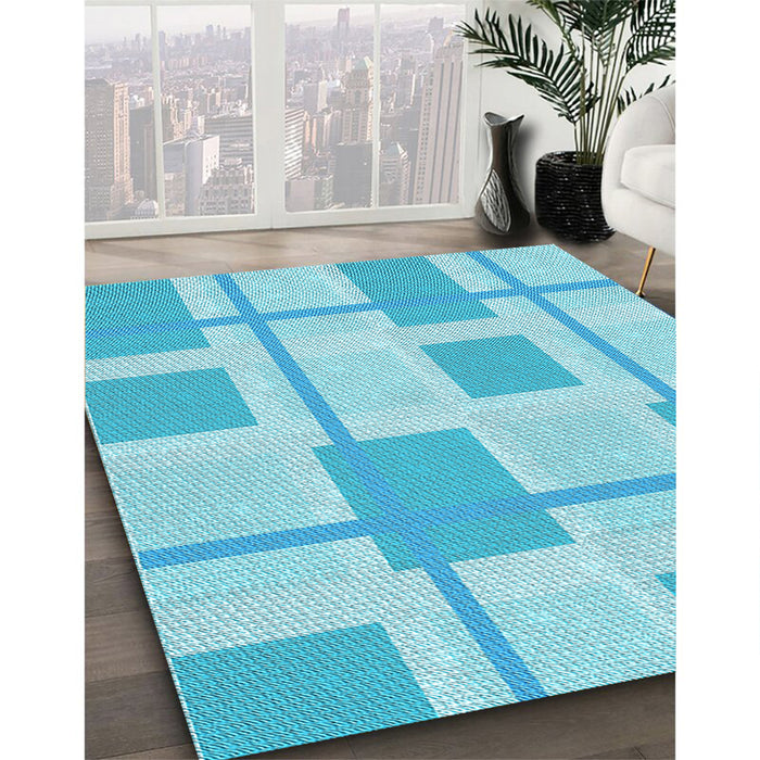 Patterned Bright Turquoise Blue Rug in Family Room, pat851lblu