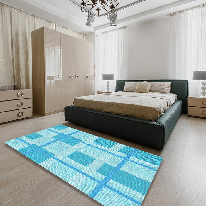 Patterned Bright Turquoise Blue Rug in a Bedroom, pat851lblu