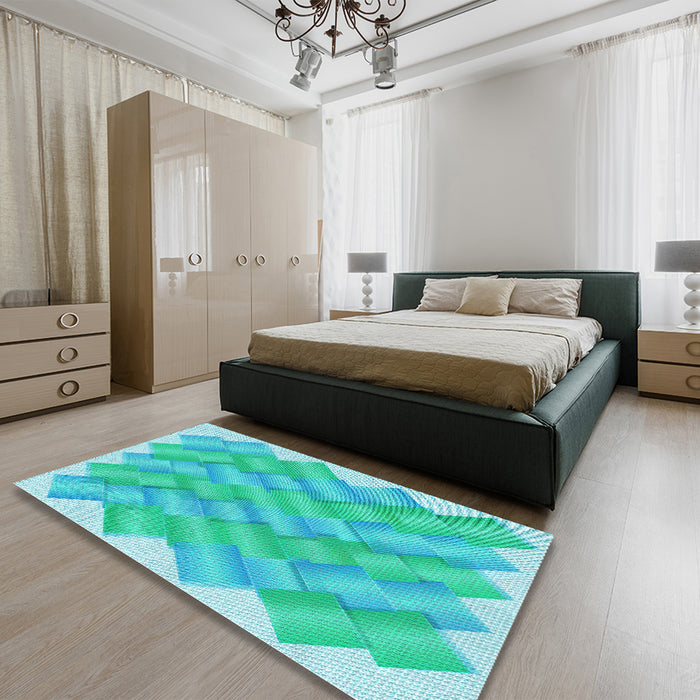 Patterned Turquoise Green Rug in a Bedroom, pat853lblu