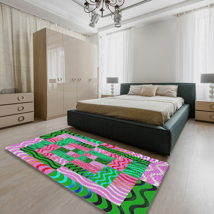 Patterned Green Modern Rug in a Bedroom, pat855
