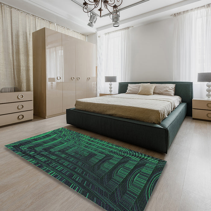 Patterned Dark Slate Grey Green Rug in a Bedroom, pat857grn