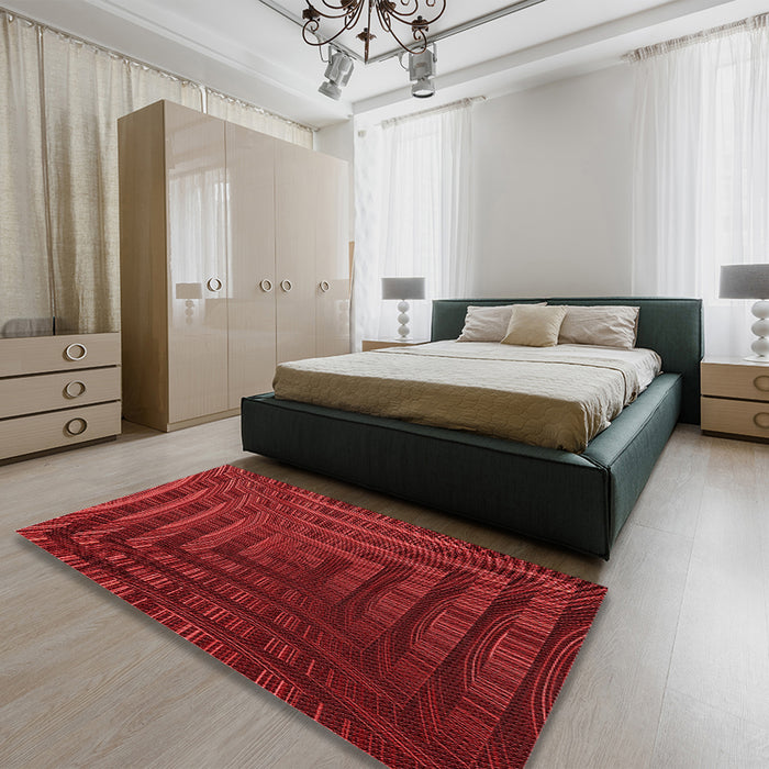 Patterned Cranberry Red Rug in a Bedroom, pat857rd