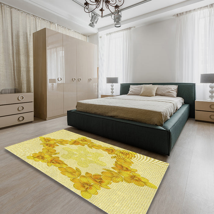 Round Machine Washable Transitional Yellow Rug in a Office, wshpat858yw