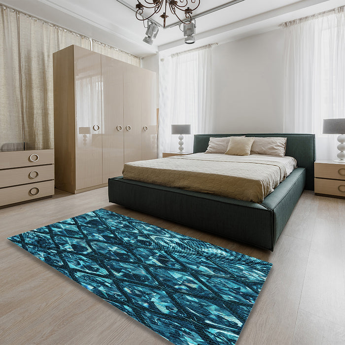 Patterned Dark Turquoise Green Rug in a Bedroom, pat859lblu