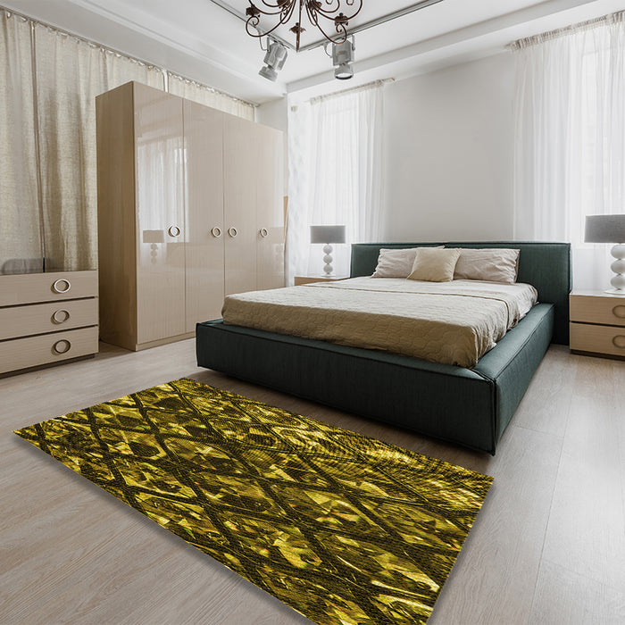Patterned Black Brown Rug in a Bedroom, pat859yw