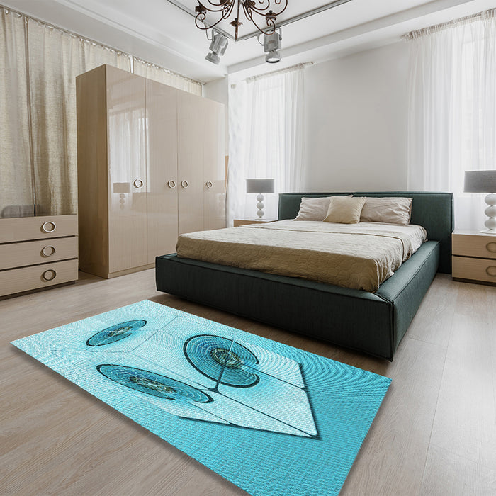 Patterned Dark Turquoise Green Rug in a Bedroom, pat863lblu