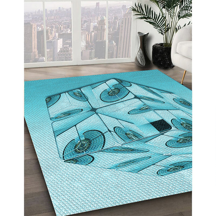 Patterned Dark Turquoise Green Rug in Family Room, pat864lblu