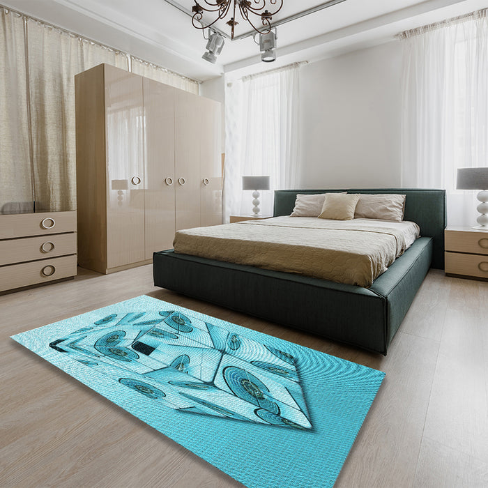 Patterned Dark Turquoise Green Rug in a Bedroom, pat864lblu