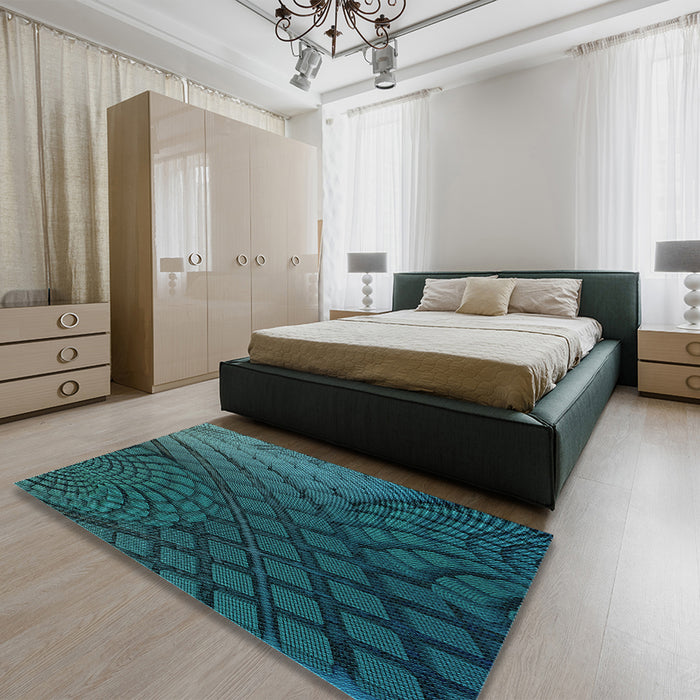Patterned Deep Teal Green Rug in a Bedroom, pat866lblu