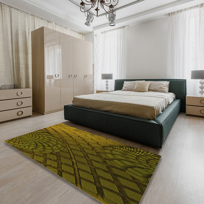 Patterned Dark Yellow Green Rug in a Bedroom, pat866yw
