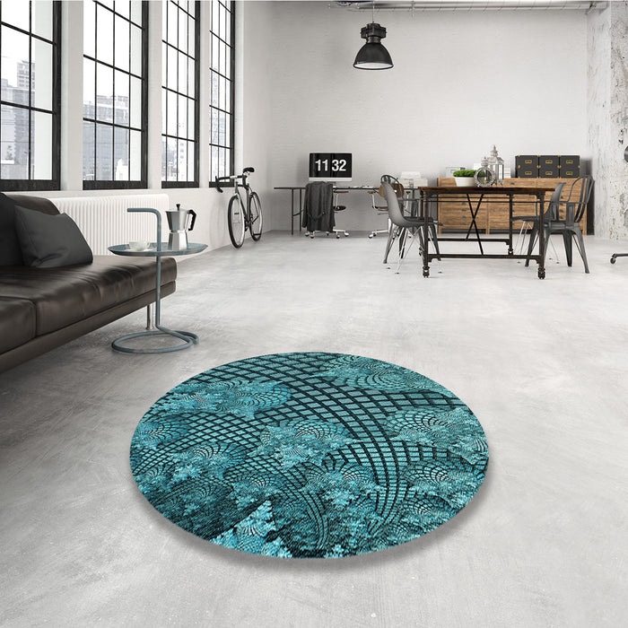 Round Patterned Medium Teal Green Rug in a Office, pat867lblu