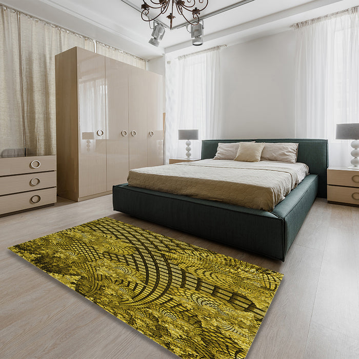 Patterned Orange Gold Rug in a Bedroom, pat867yw