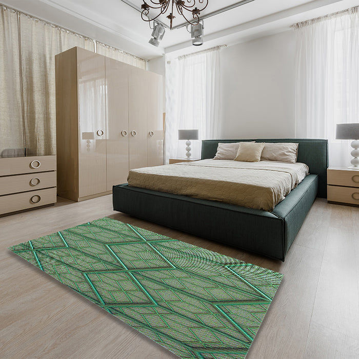 Patterned Dark Olive Green Rug in a Bedroom, pat869lblu