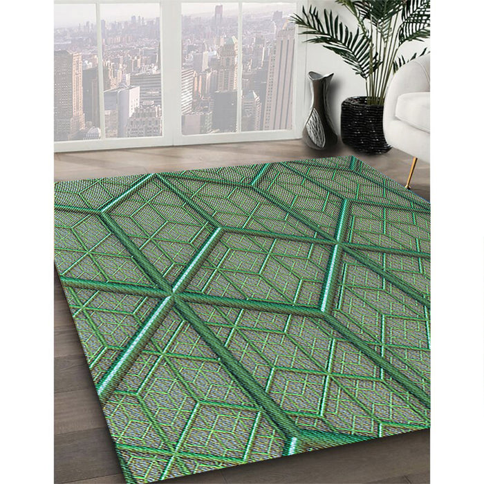 Patterned Dark Olive Green Rug in Family Room, pat869lblu