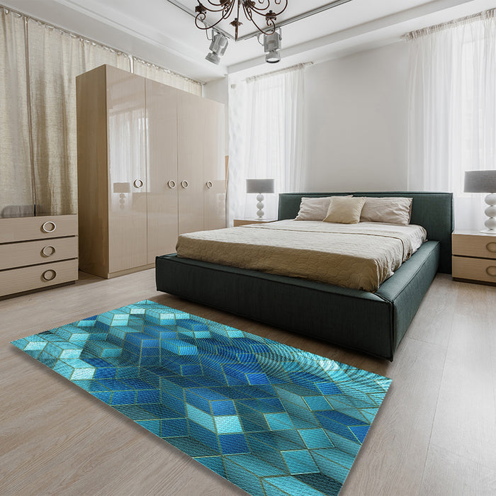 Patterned Dark Turquoise Green Rug in a Bedroom, pat872lblu
