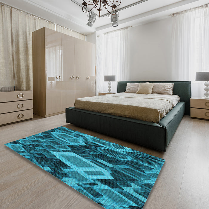 Patterned Medium Teal Green Rug in a Bedroom, pat874lblu