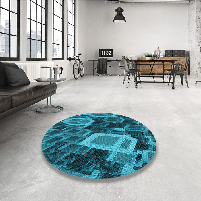 Round Patterned Medium Teal Green Rug in a Office, pat874lblu