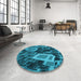 Round Patterned Medium Teal Green Rug in a Office, pat874lblu