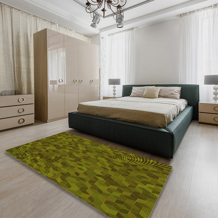 Patterned Dark Yellow Green Rug in a Bedroom, pat875yw