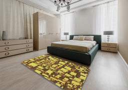Patterned Golden Brown Yellow Novelty Rug in a Bedroom, pat878