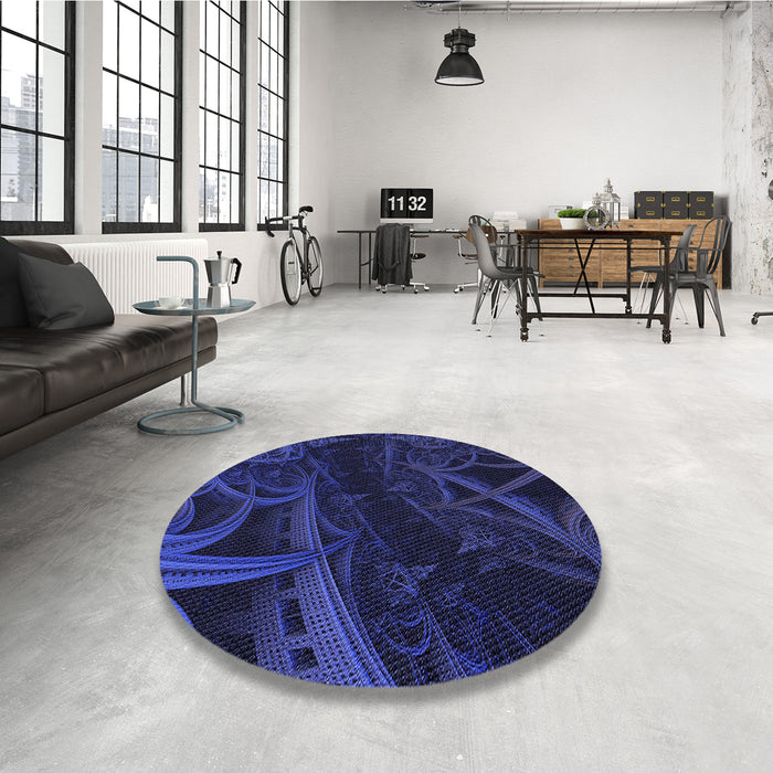 Round Patterned Night Blue Rug in a Office, pat880blu