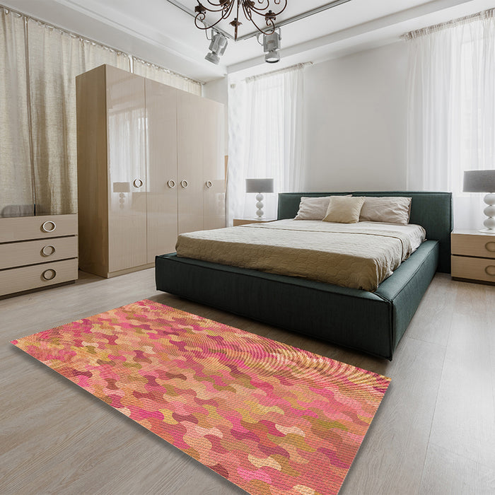 Patterned Fire Red Rug in a Bedroom, pat881org