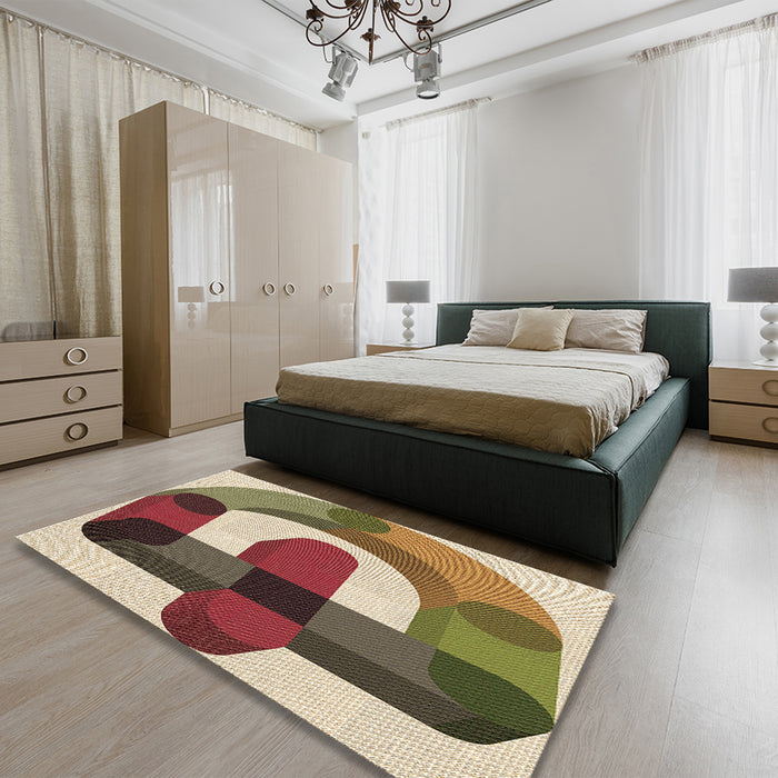 Patterned Ginger Brown Green Rug in a Bedroom, pat886brn
