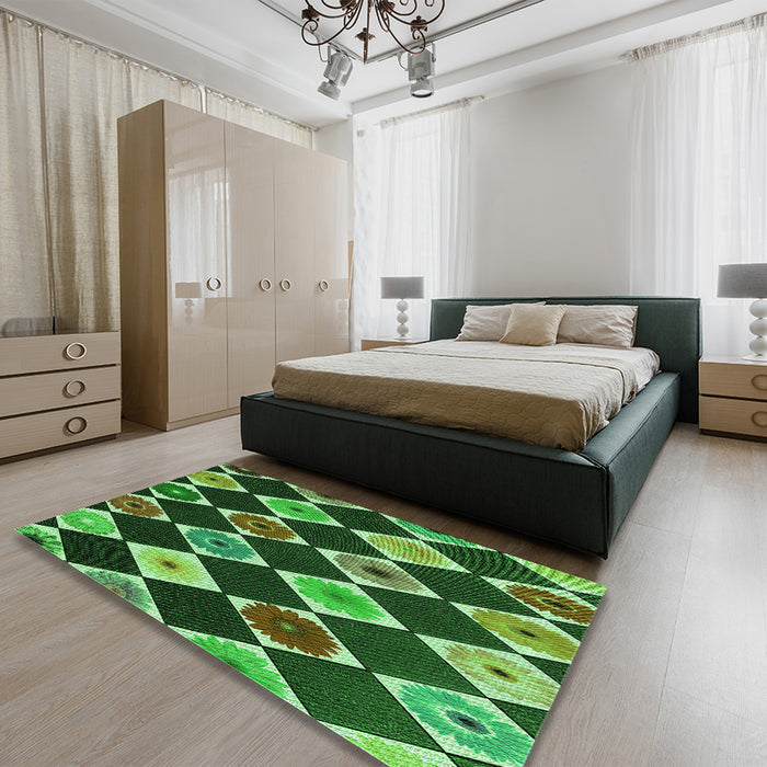 Patterned Dark Forest Green Rug in a Bedroom, pat887grn