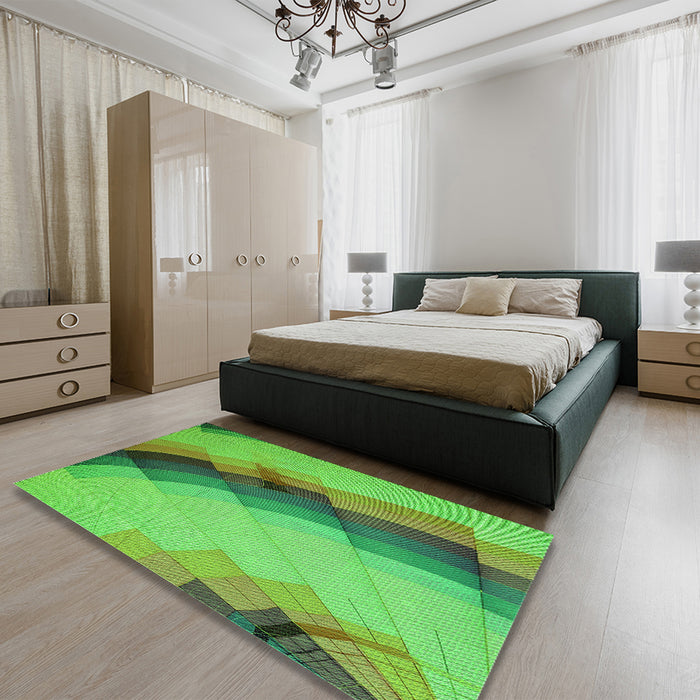 Patterned Dark Lime Green Rug in a Bedroom, pat89grn
