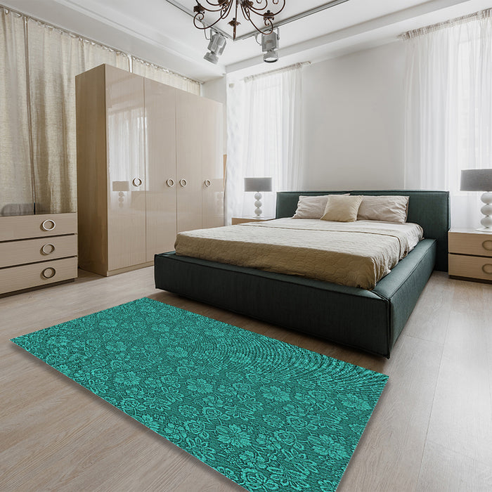 Round Machine Washable Transitional Dark Turquoise Green Rug in a Office, wshpat891lblu
