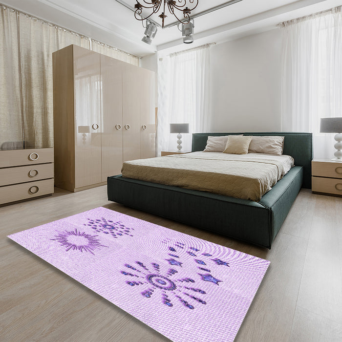 Patterned Bright Lilac Purple Rug in a Bedroom, pat901pur