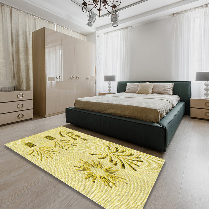 Patterned Yellow Rug in a Bedroom, pat904yw
