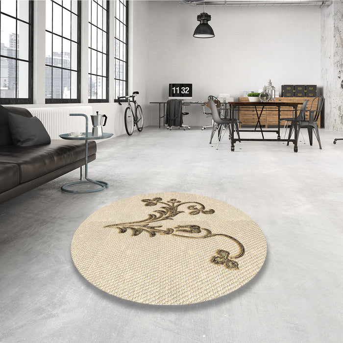 Round Patterned Moccasin Beige Rug in a Office, pat918brn