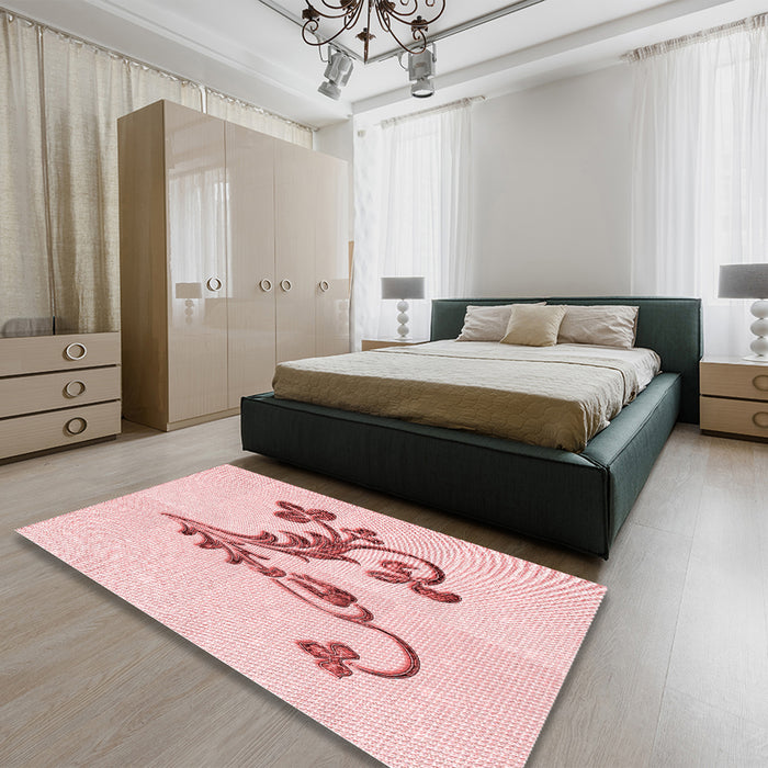 Patterned Pastel Red Pink Rug in a Bedroom, pat918rd