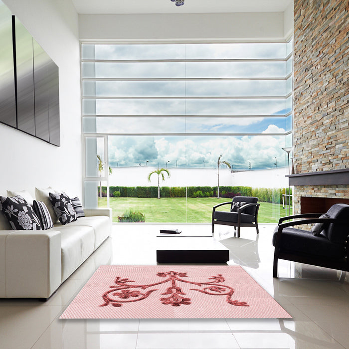 Square Patterned Light Rose Pink Rug in a Living Room, pat932rd