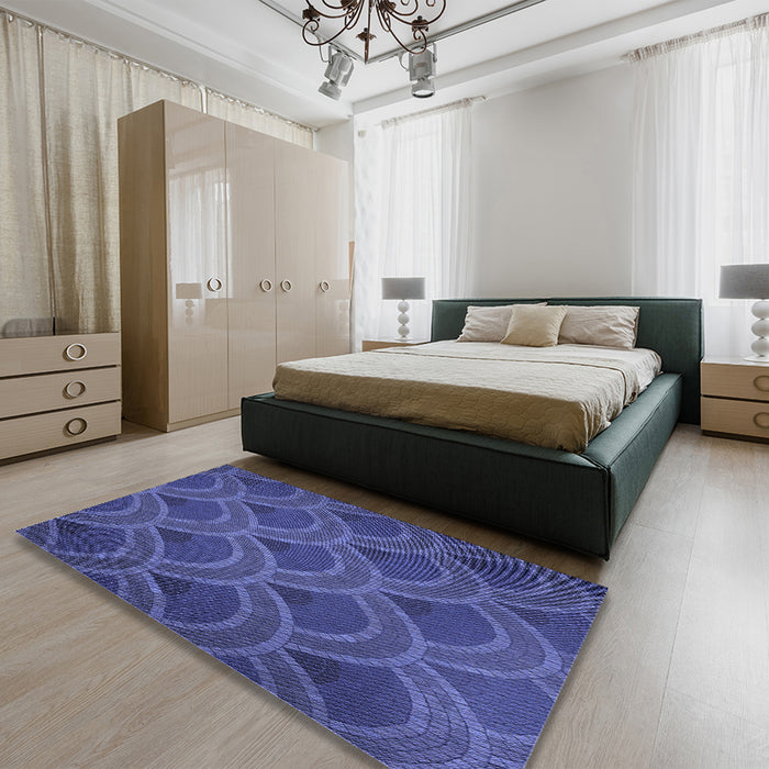 Patterned Dark Slate Blue Purple Rug in a Bedroom, pat934blu
