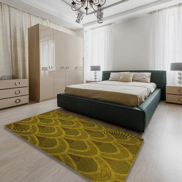 Patterned Dark Golden Brown Rug in a Bedroom, pat934yw